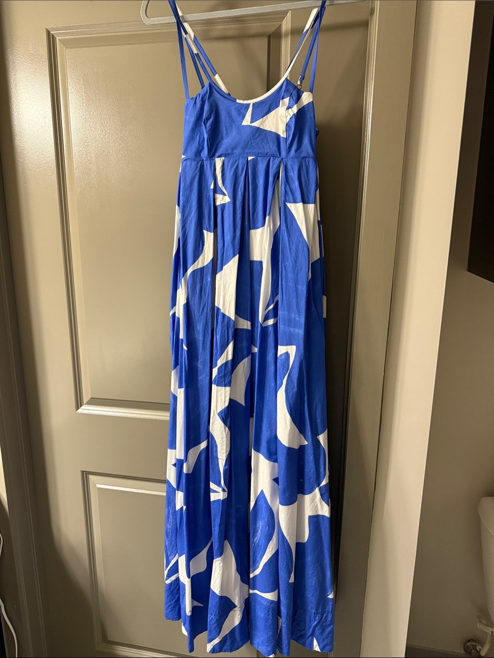 Anthropologie Blue and White Abstract Spaghetti-Strap Maxi Dress